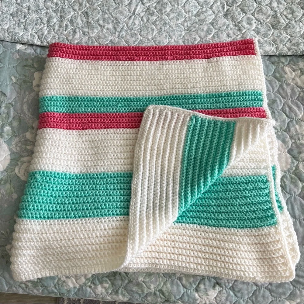 Afghan Blanket Throw Crochet Handmade Pastel Pink White Green Baby Blanket